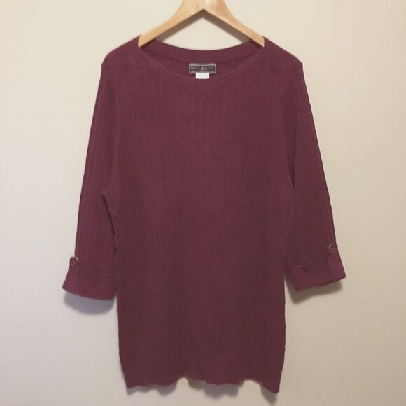 Long Burgundy Ribbed Cotton Knit Sweater With Buttoned Cuffs - Picture 1 of 15